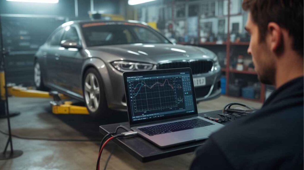 Car ECU tuning on a dynamometer after turbo installation.