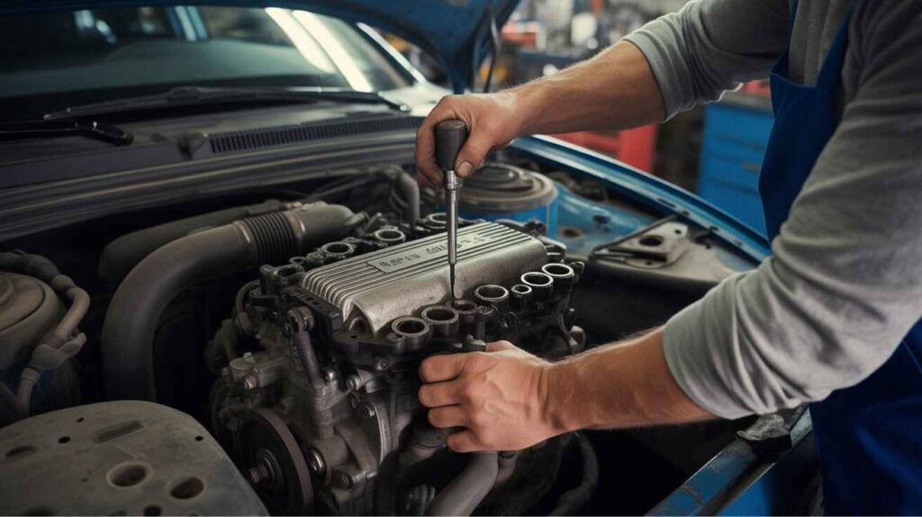 Mechanic performing a compression test on a car engine before turbo installation.